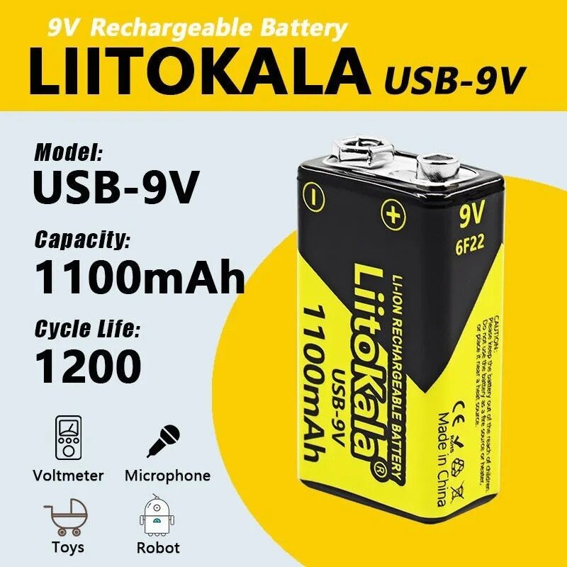 LiitoKala Lithium Battery USB Type C 9V 1100mAh