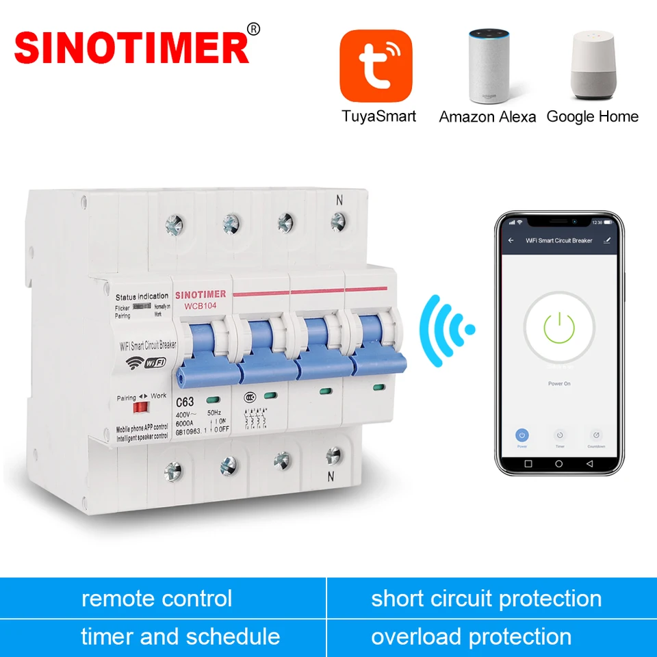 SINOTIMER Tuya WiFI MCB Circuit Breaker 3 Phase C63 WCB104