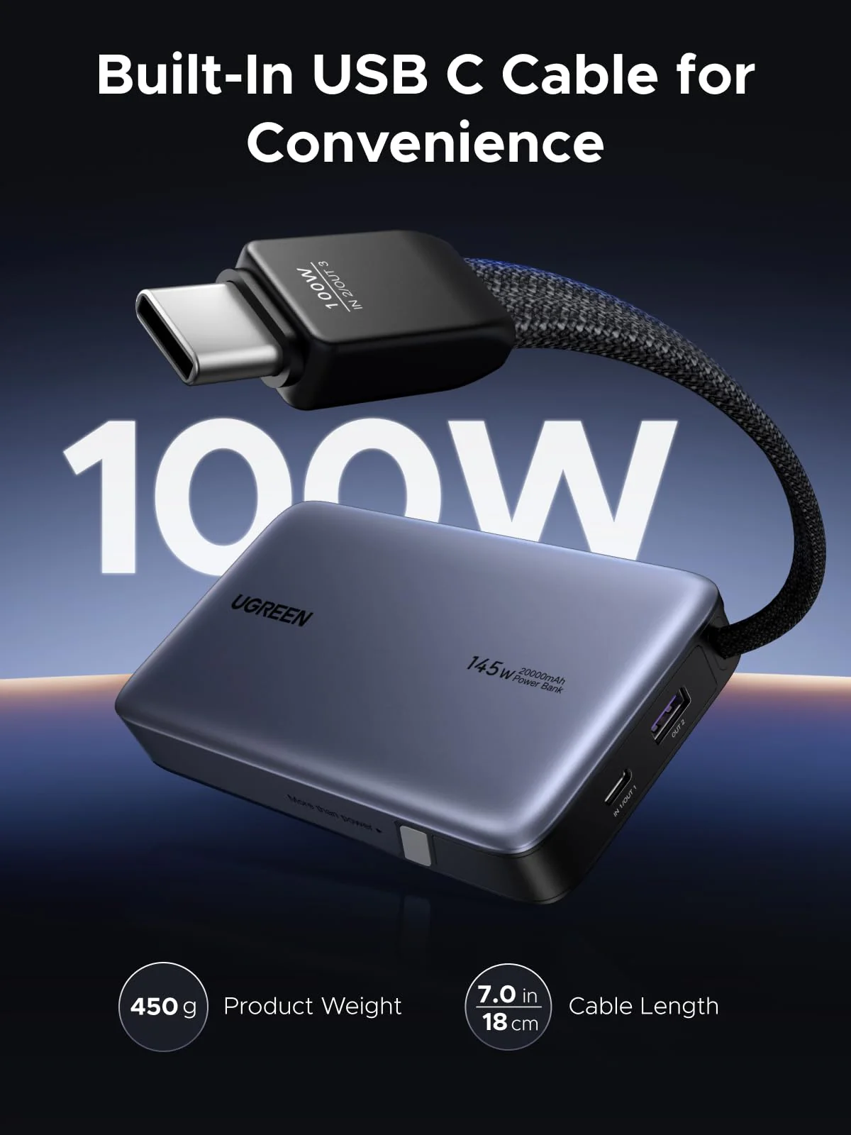 UGREEN Nexode PB551 20000mAh 145W Power Bank with Built-in USB-C Cable in Bangladesh